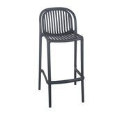 Asta Barstool featuring black UV-protected plastic frame, weather-resistant construction, rounded back design with water escape gaps, providing modern and durable indoor/outdoor seating.